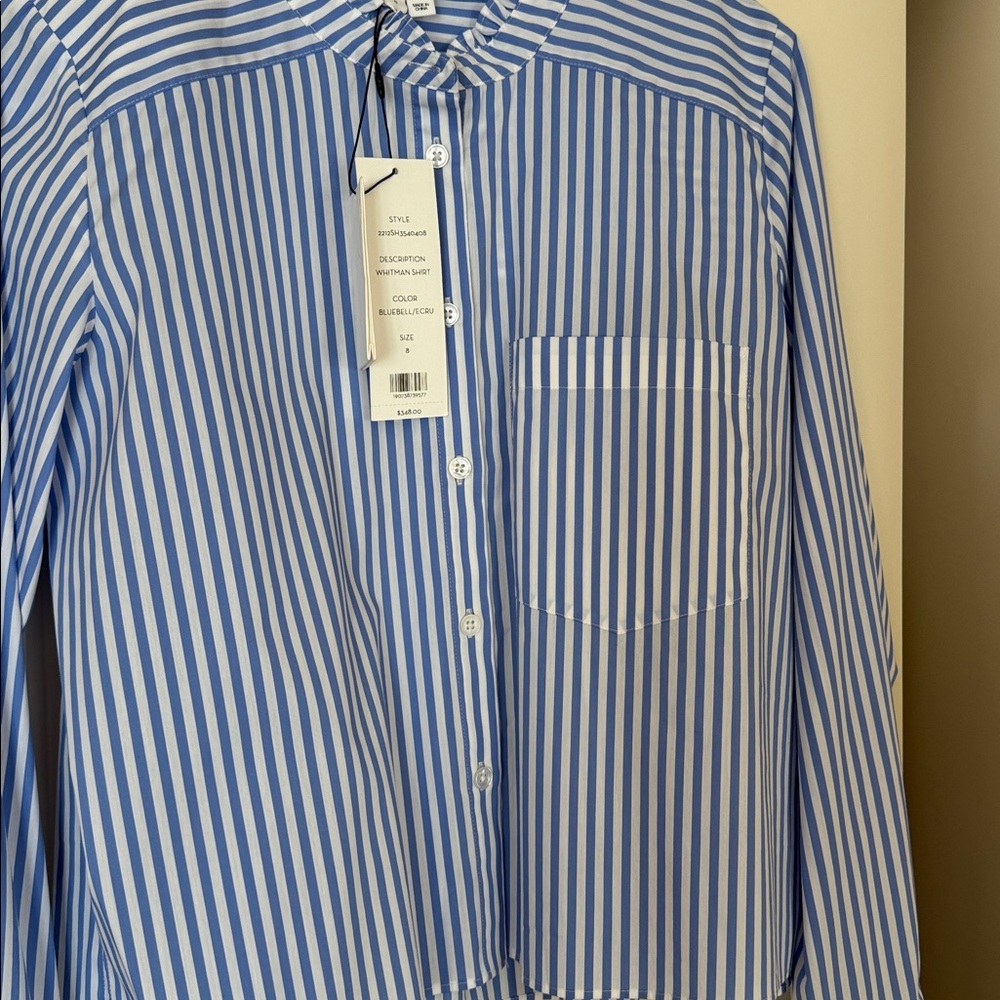Veronica Beard designer blue and white striped cropped long sleeve blouse. - Picture 4 of 6